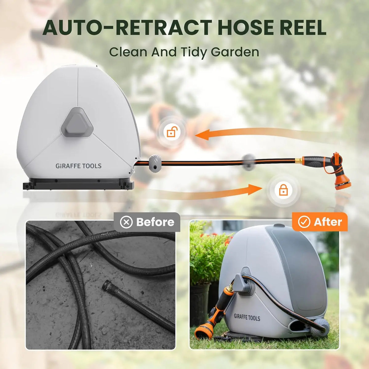Giraffe Tools Retractable Automatic Rewind Garden Hose Reel Swivel Base