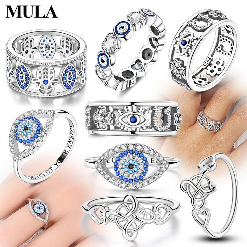 MULA Sterling Silver Evil Eye Clover Celtic Knot Wedding Band Ring