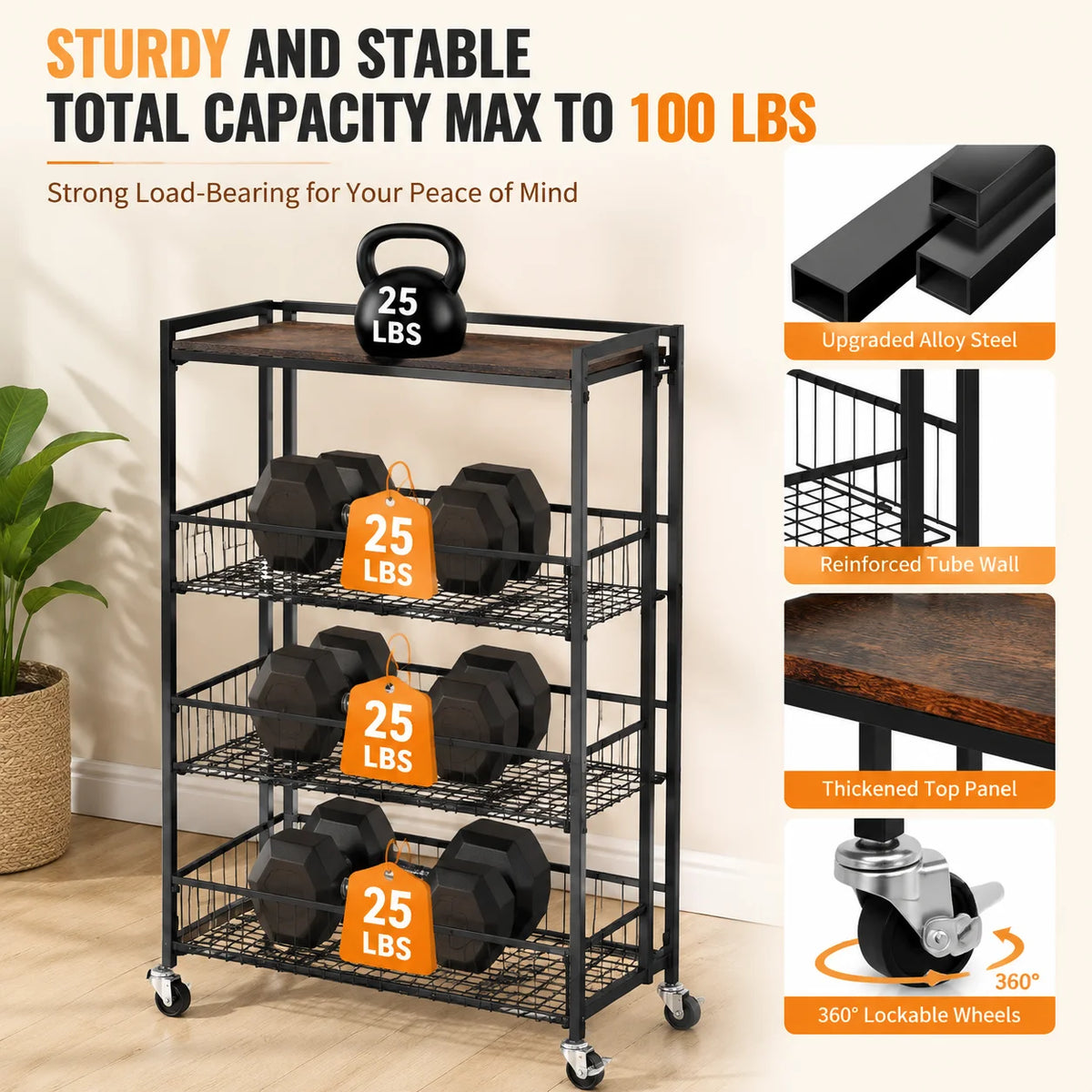 Foldable Four Tier Steel Storage Cart With Lockable Wheels