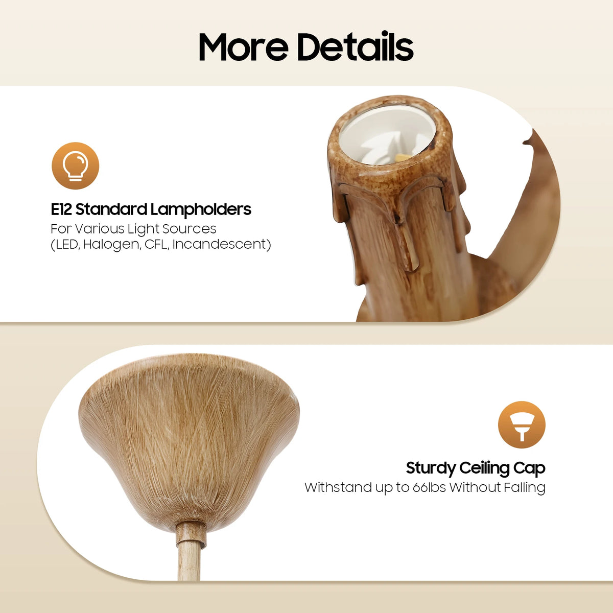 Retro Deer Antler Six Light Wood Ceiling Pendant Light