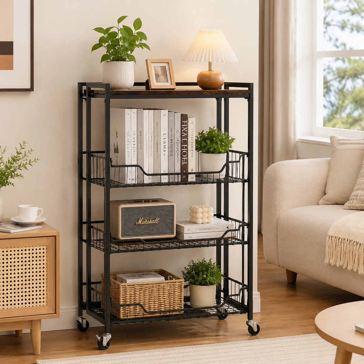 Foldable Four Tier Steel Storage Cart With Lockable Wheels