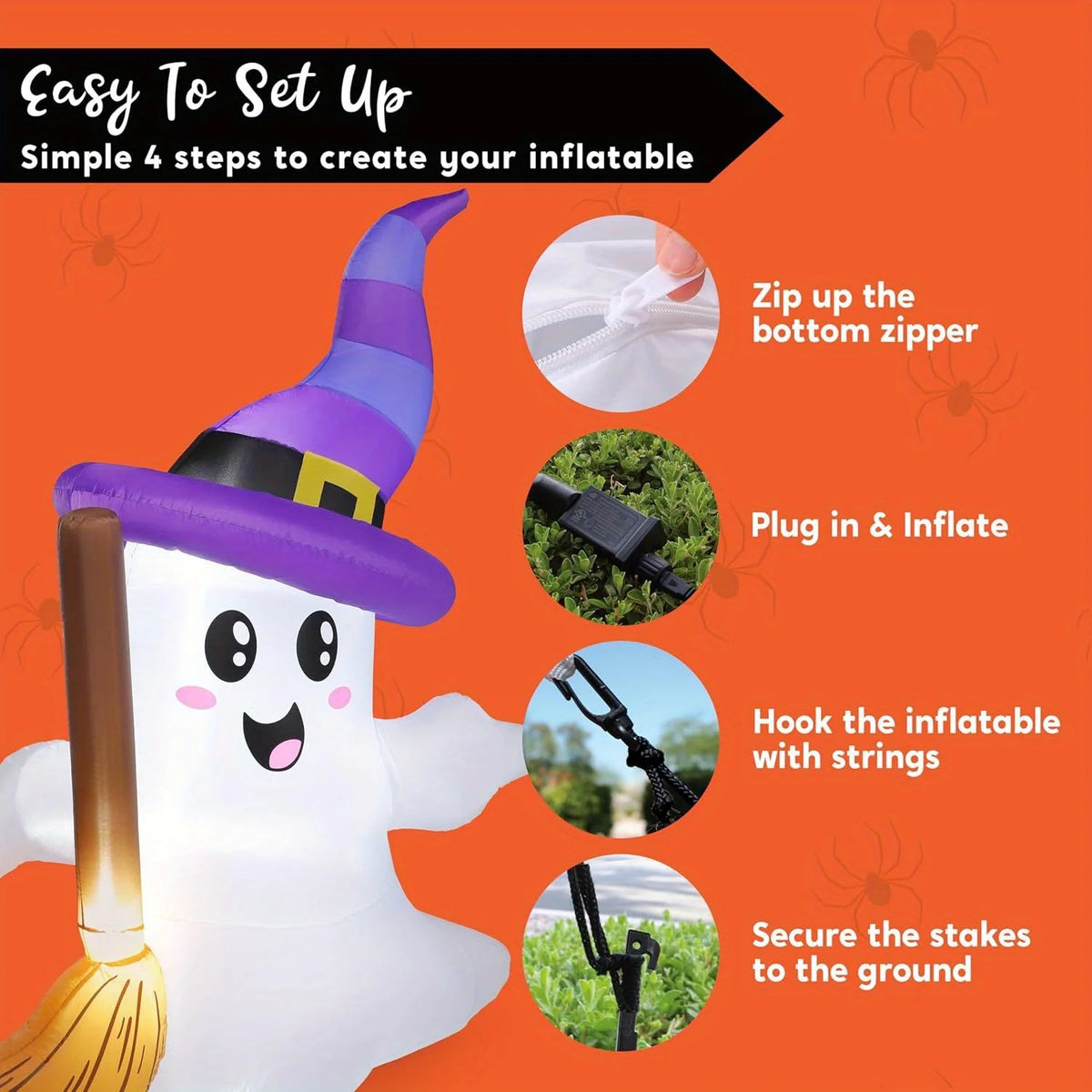 Halloween Blow Up Ghost with Broom LED Outdoor Yard Inflatables