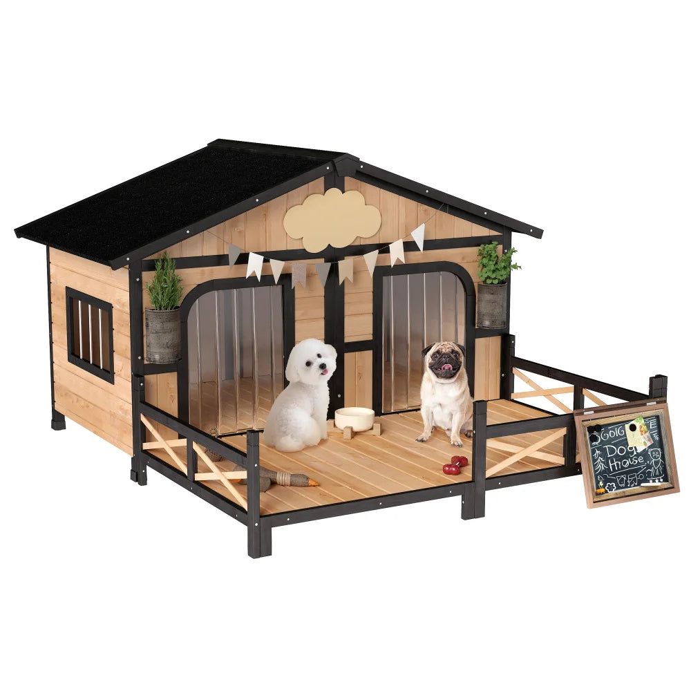 Weatherproof Wooden Dog House Kennel With Porch And Removable Floor