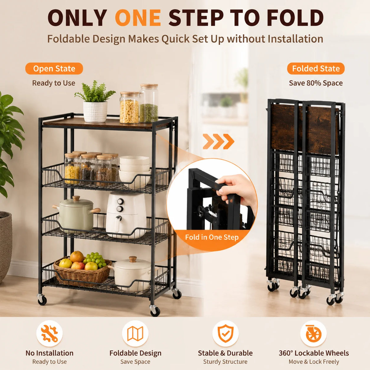 Foldable Four Tier Steel Storage Cart With Lockable Wheels