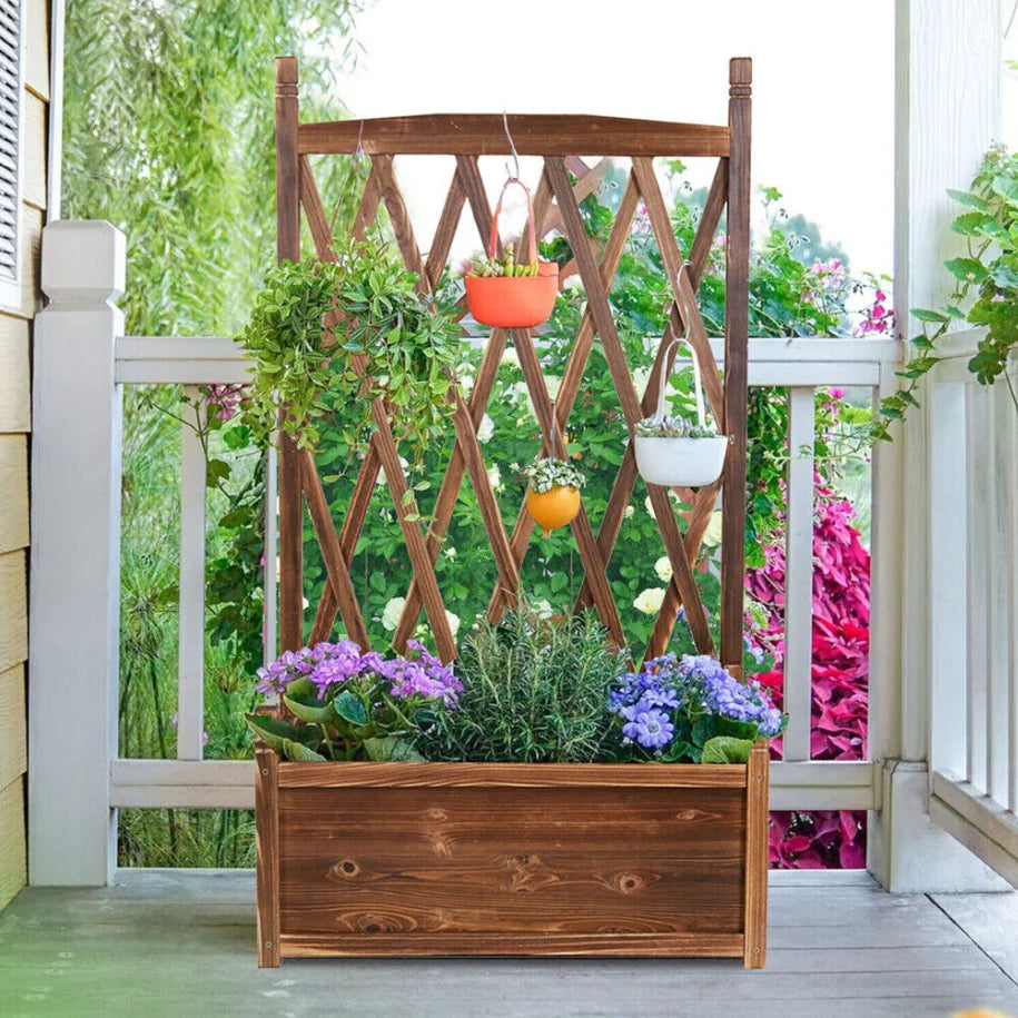 Raised Wooden Garden Bed Planter Box With Growing Trellis