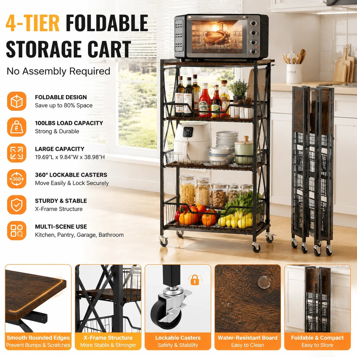 Foldable Four Tier Steel Storage Cart With Lockable Wheels