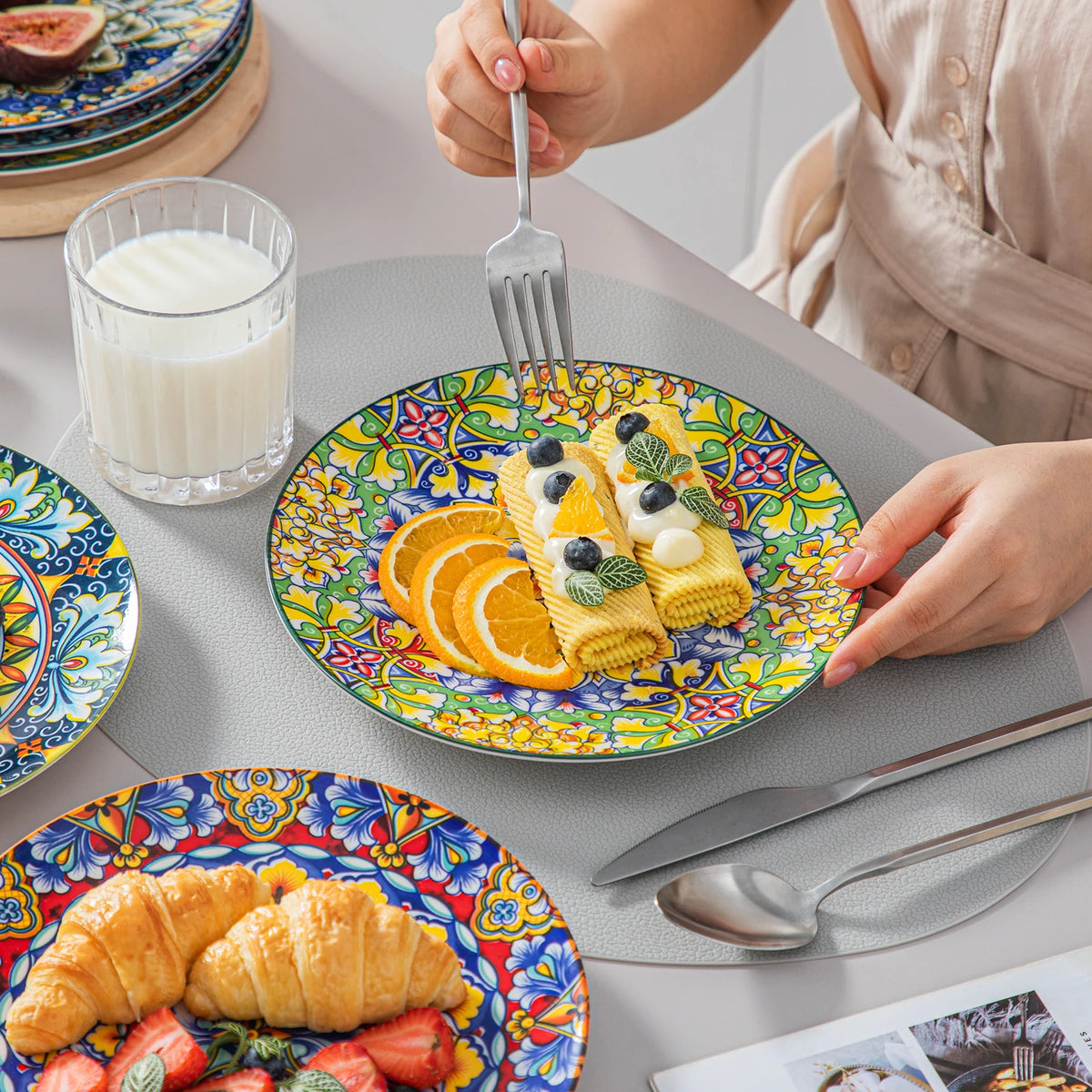 MALACASA Floral Ceramic Dinner Plates Bohemian Porcelain Tableware Set