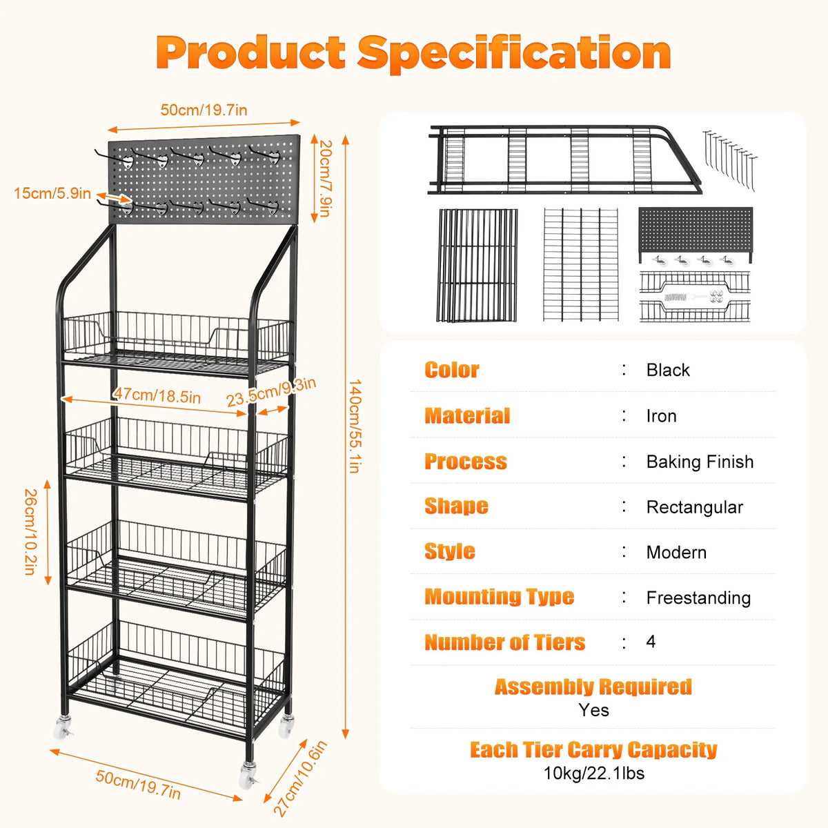 Bymaocar Four Tier Rolling Retail Display Rack With Storage Baskets