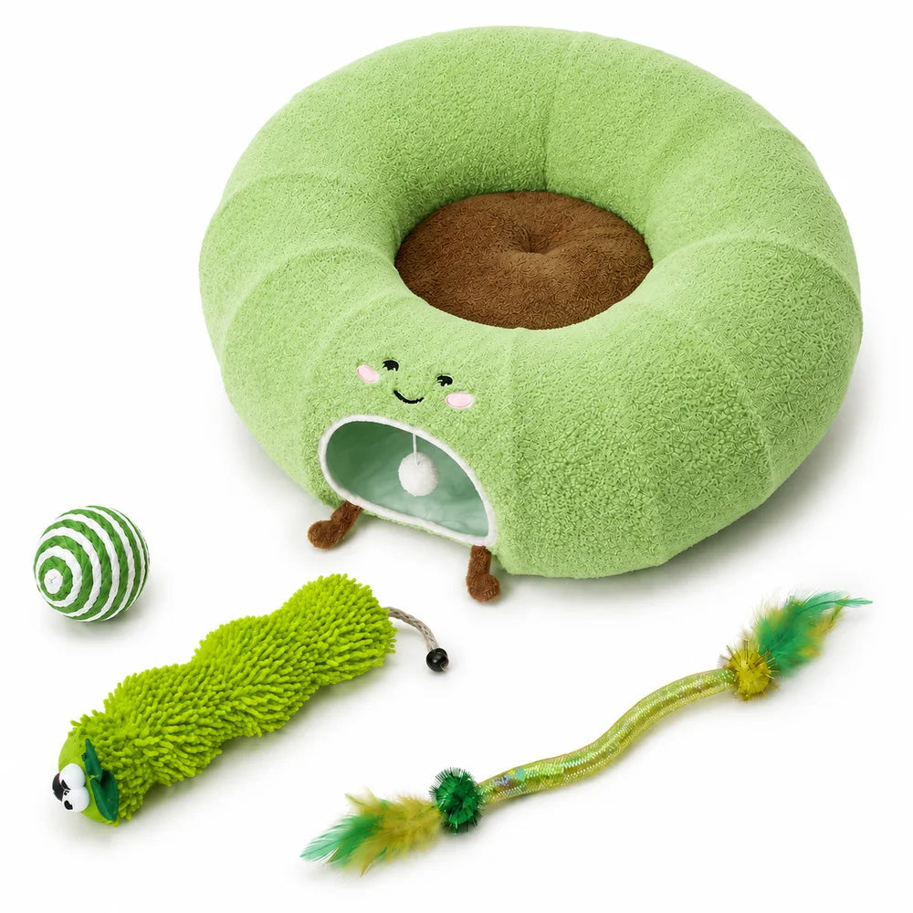 Convertible Cat Tunnel Bed With Plush Donut Cushion And Hideaway