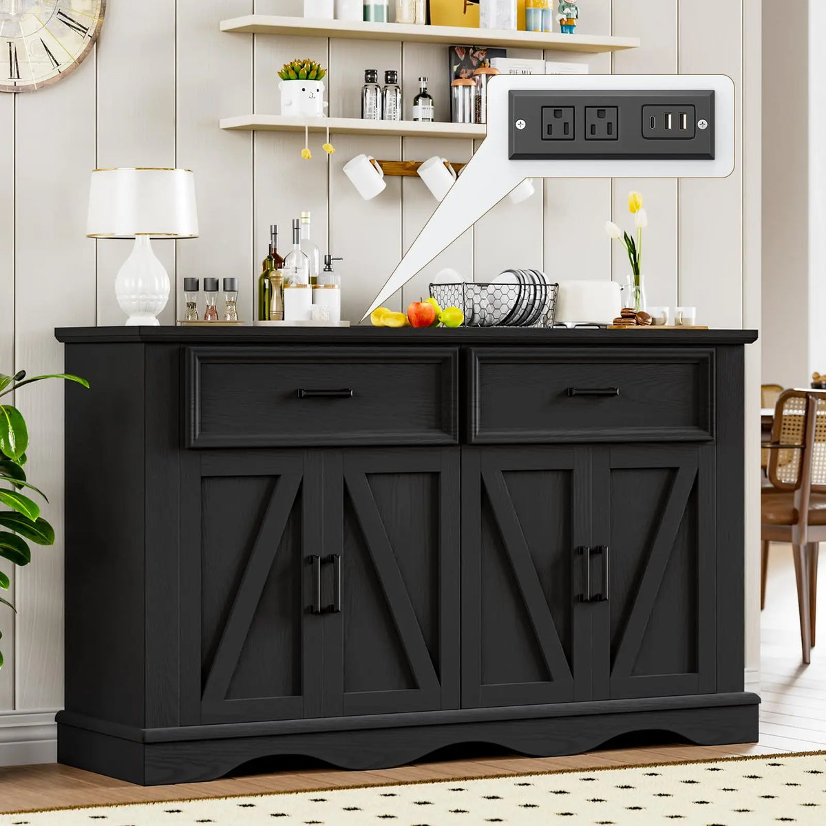 Modern Farmhouse Buffet Cabinet With Charging Station And Storage