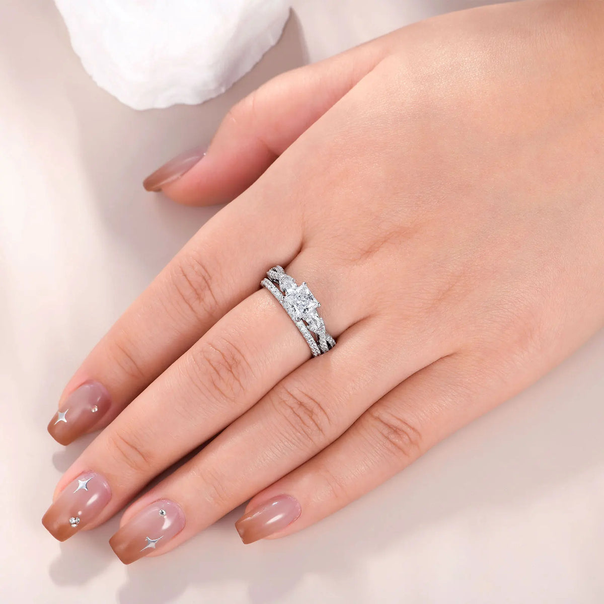 Newshe Sterling Silver Moissanite Wedding and Engagement Ring Set