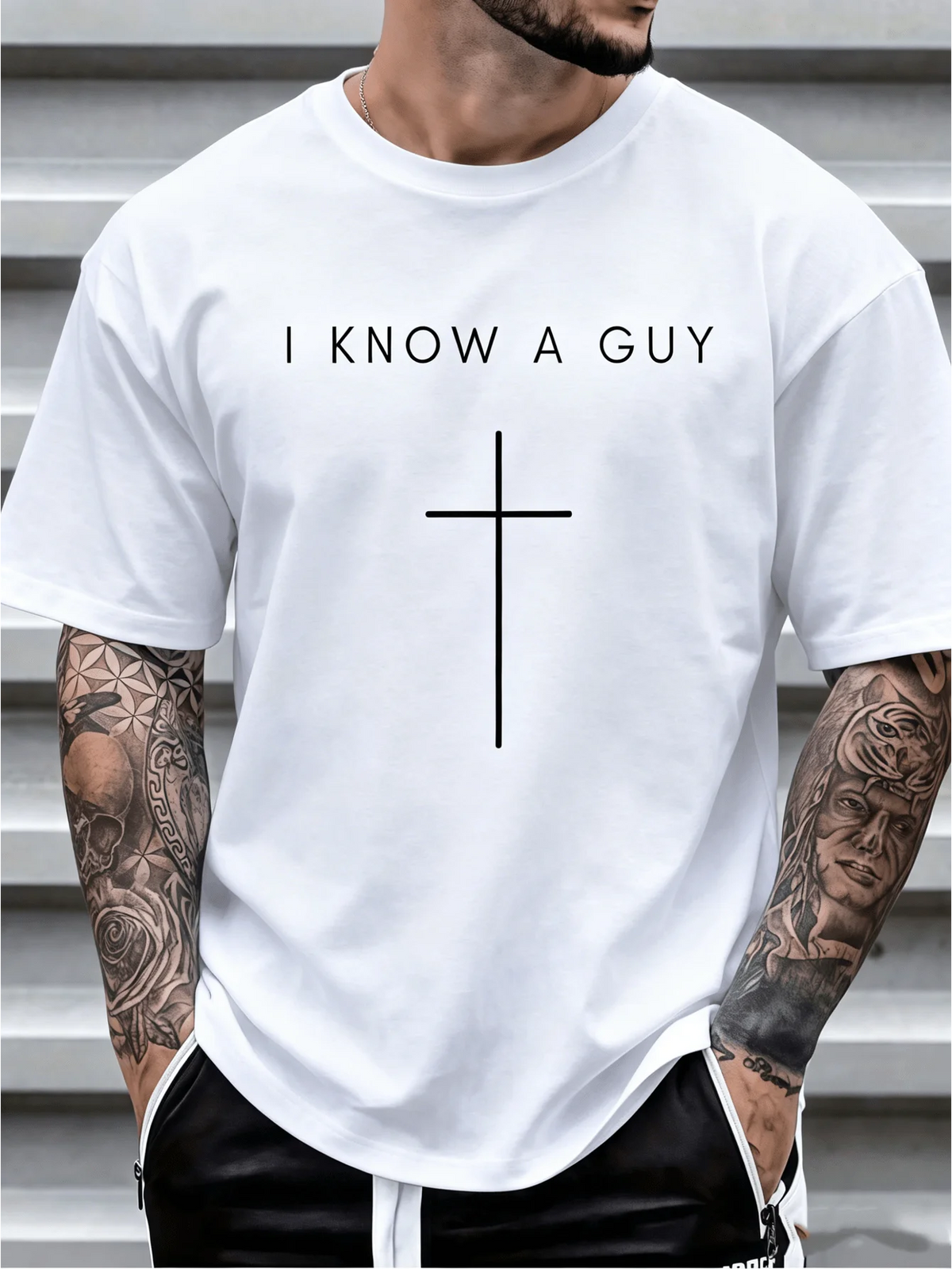 Mens Cross Inscription Print Crew Neck Casual Cotton T Shirt