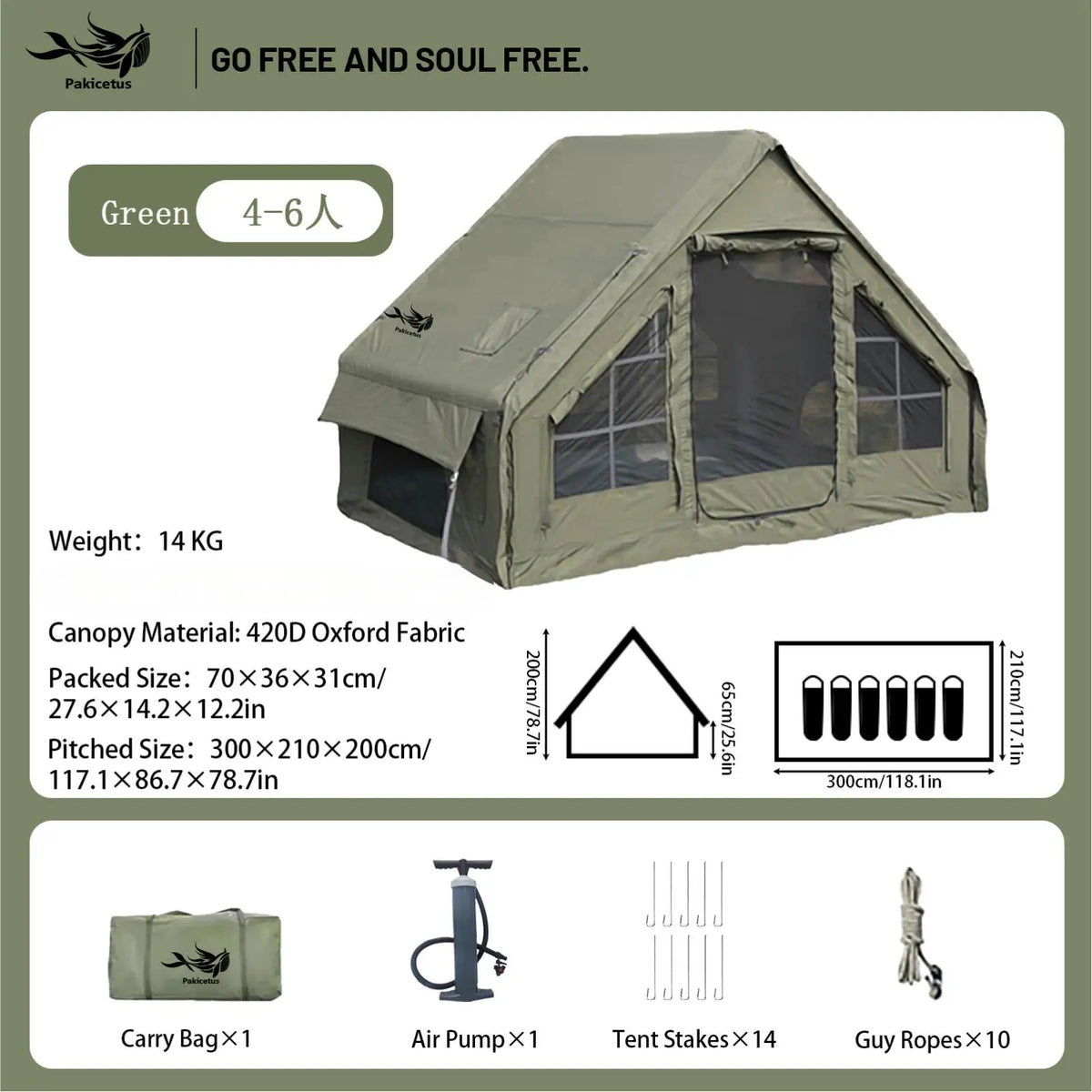 Pakicetus Waterproof Inflatable Camping Tent Quick Setup Portable Carry Bag