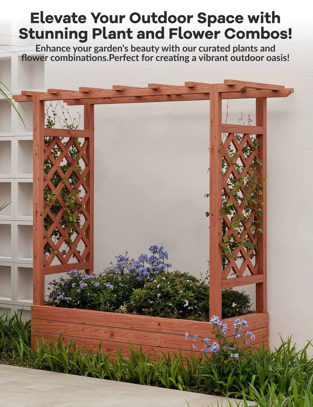 HiMISS Elevated Wooden Garden Planter With Trellis And Drainage Hole