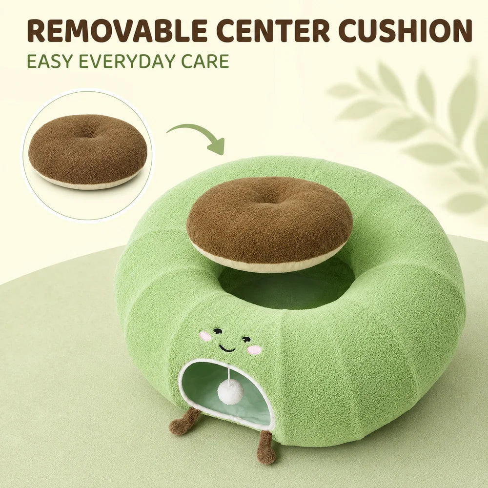 Convertible Cat Tunnel Bed With Plush Donut Cushion And Hideaway