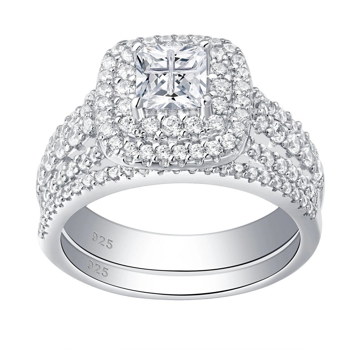 Newshe Sterling Silver Halo Wedding Ring Set Simulated Diamond
