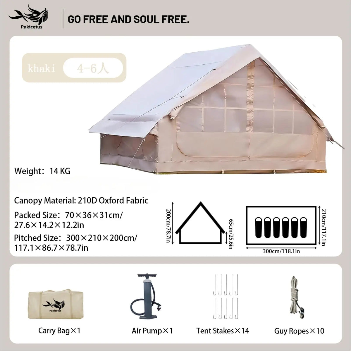 Pakicetus Waterproof Inflatable Camping Tent Quick Setup Portable Carry Bag