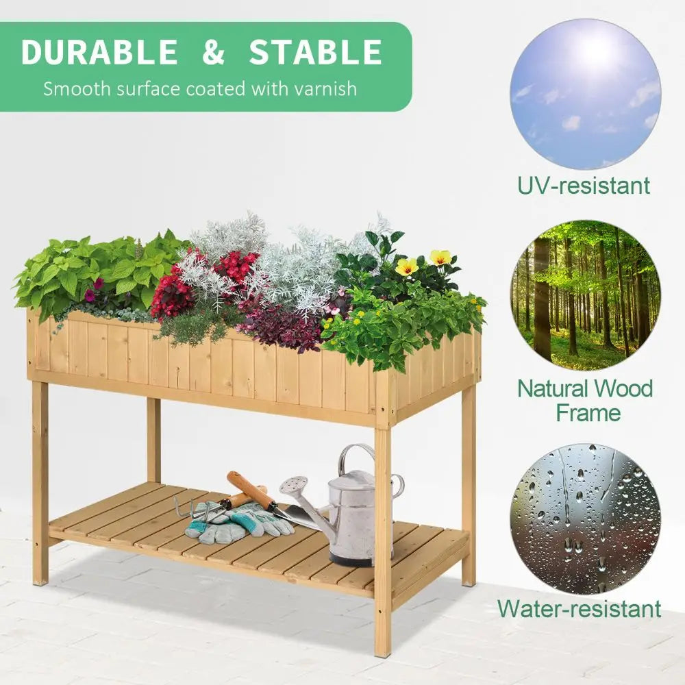 Wooden Raised Garden Bed With Eight Pockets And Shelf