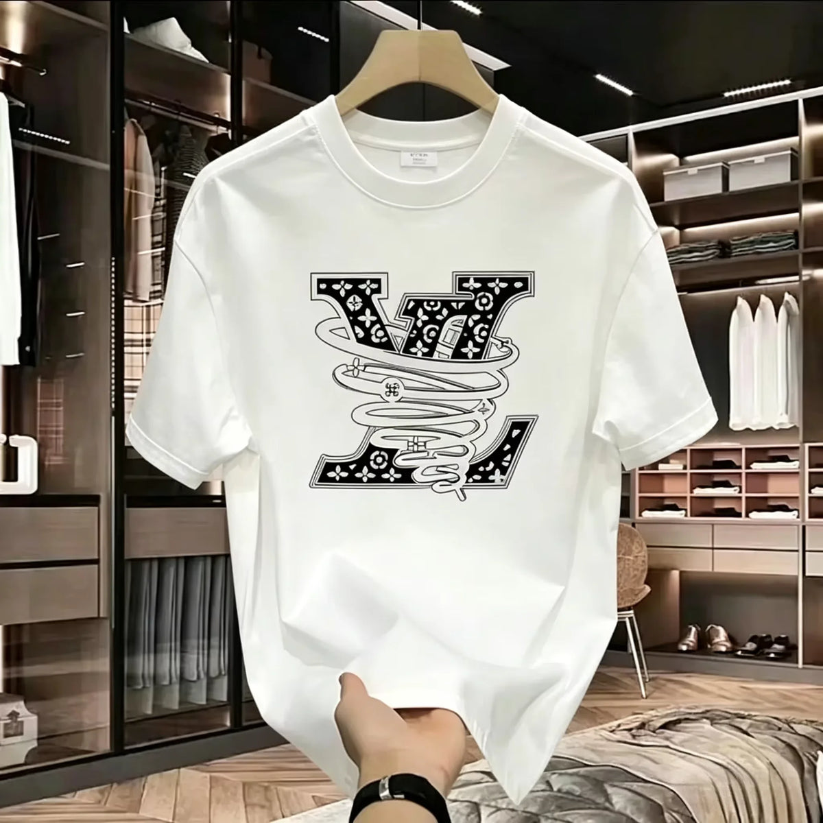 Mens Pure Cotton Letter Print Short Sleeve Streetwear T Shirt