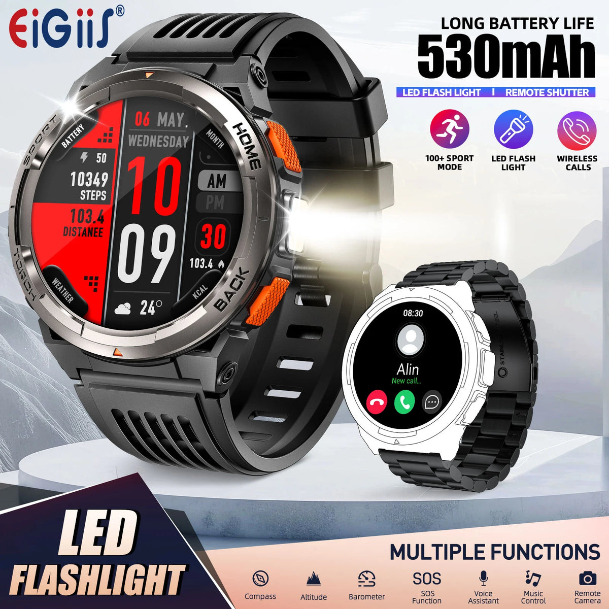 EIGIIS Smart Sports Watch With Compass Altimeter And LED Flashlight
