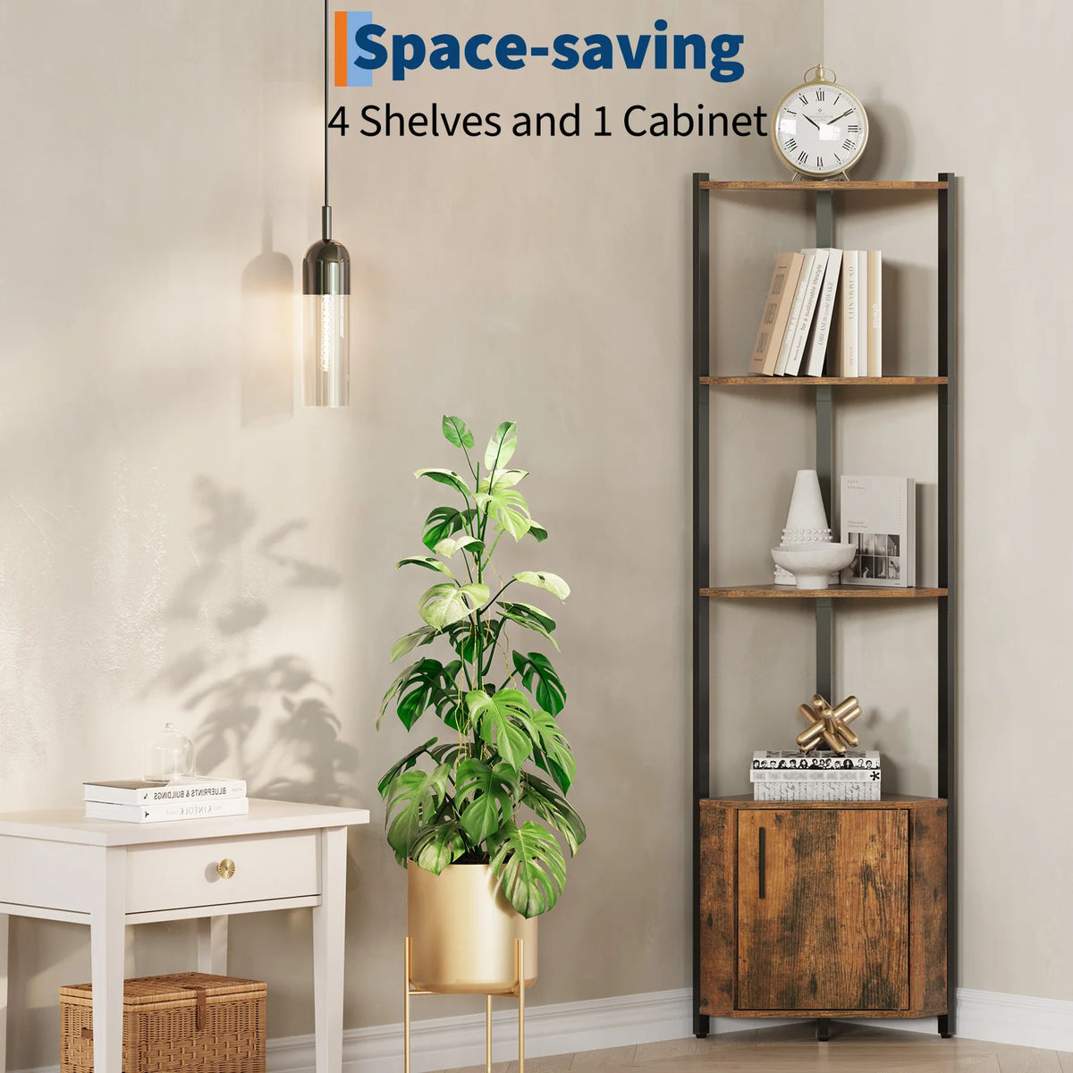 HiMISS Rustic Wood And Metal Corner Shelf Organizer Display Rack