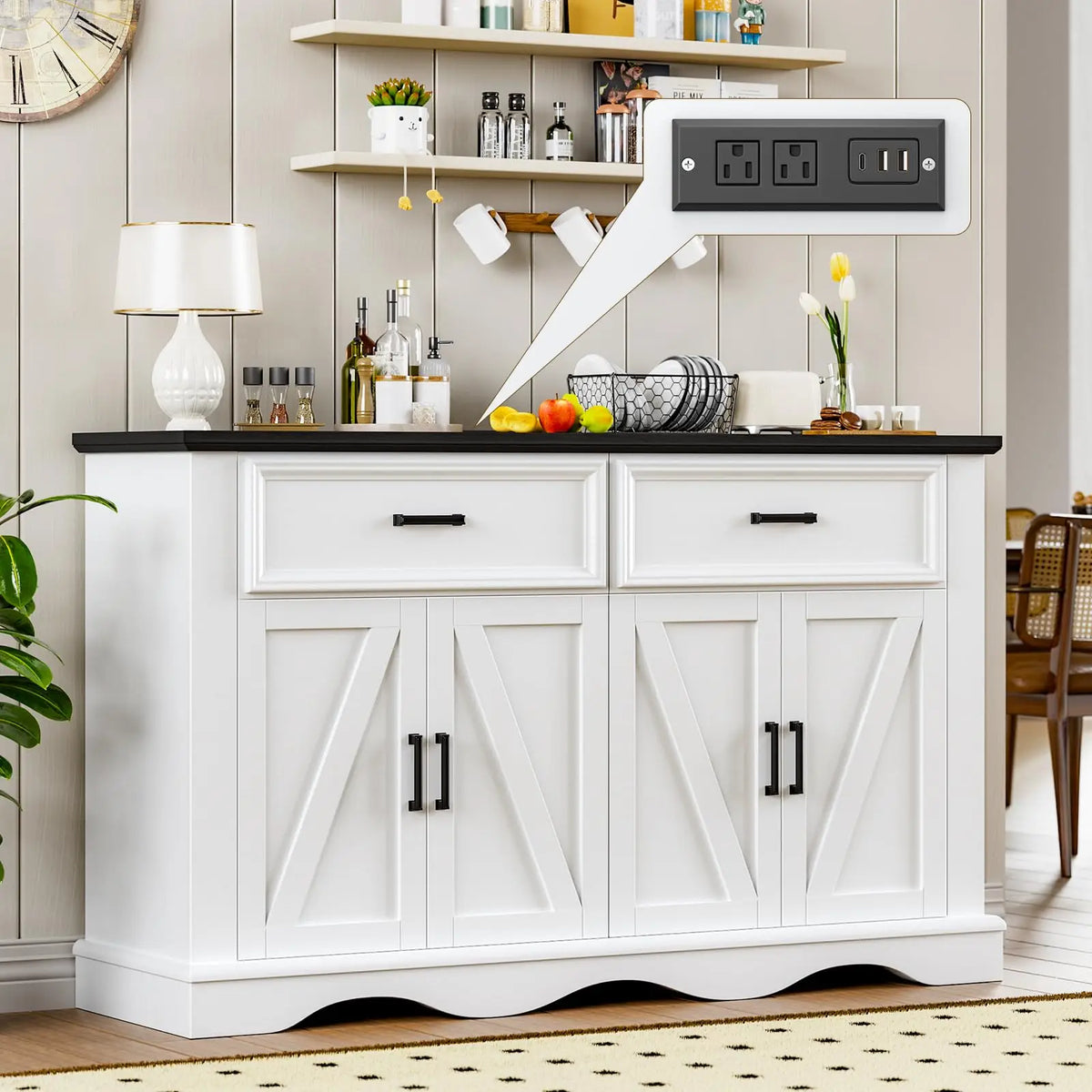 Modern Farmhouse Buffet Cabinet With Charging Station And Storage