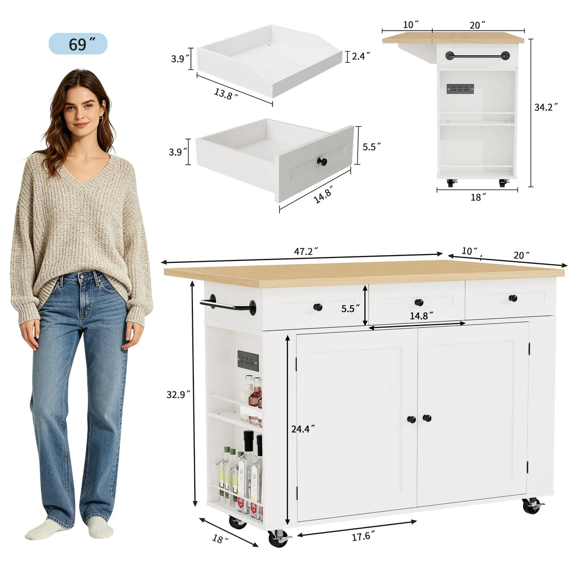 HiMISS Rolling Kitchen Island With Drop Leaf And Storage
