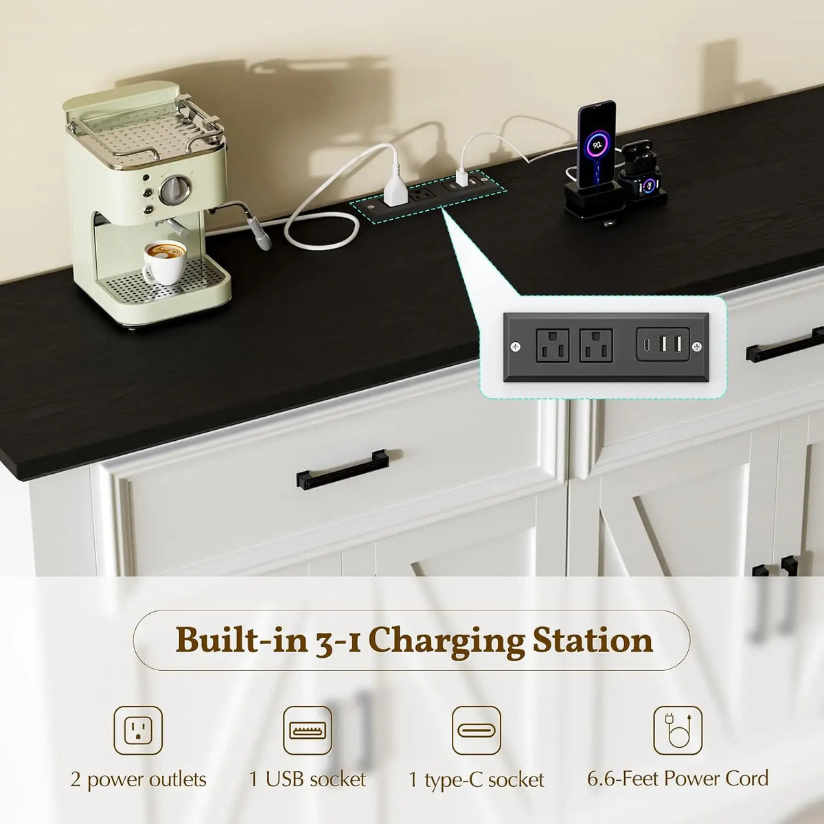 Modern Farmhouse Buffet Cabinet With Charging Station And Storage