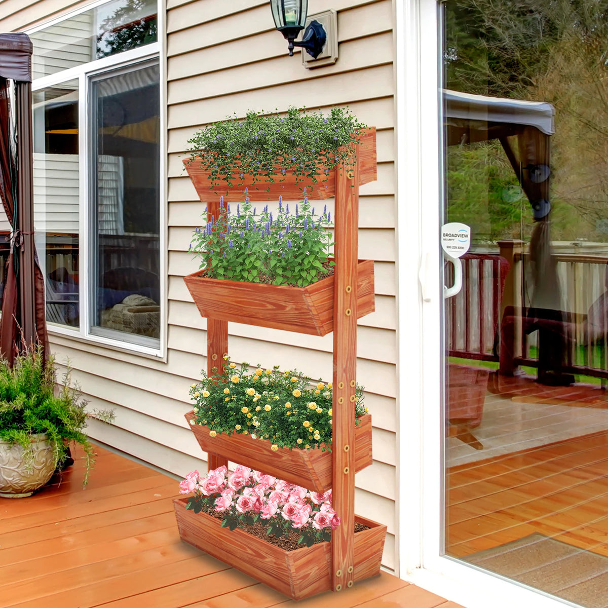 Four Tier Vertical Wooden Raised Planter Box for Outdoor Gardening