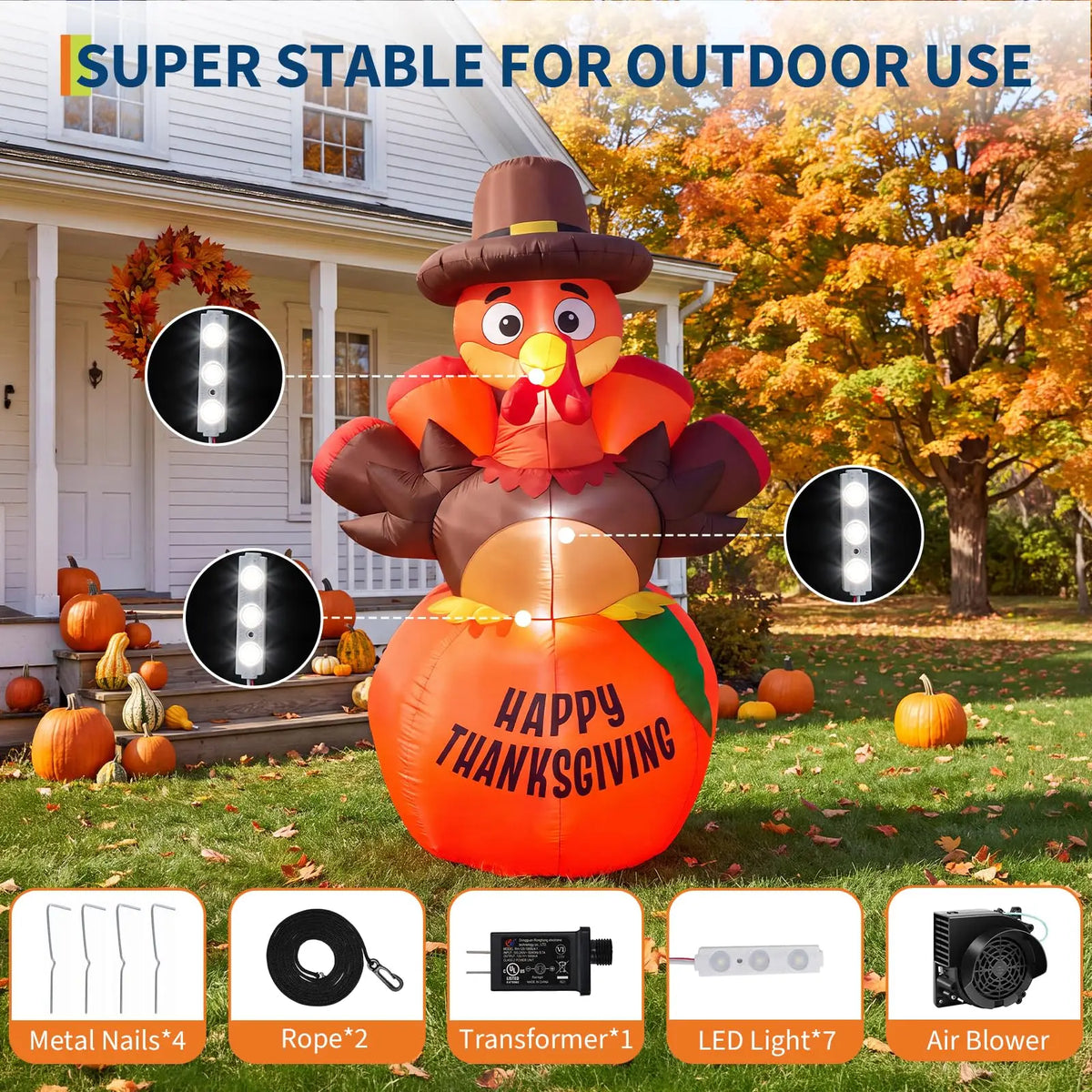 HiMISS Lighted Pumpkin Turkey Inflatable Thanksgiving Outdoor Yard Decoration
