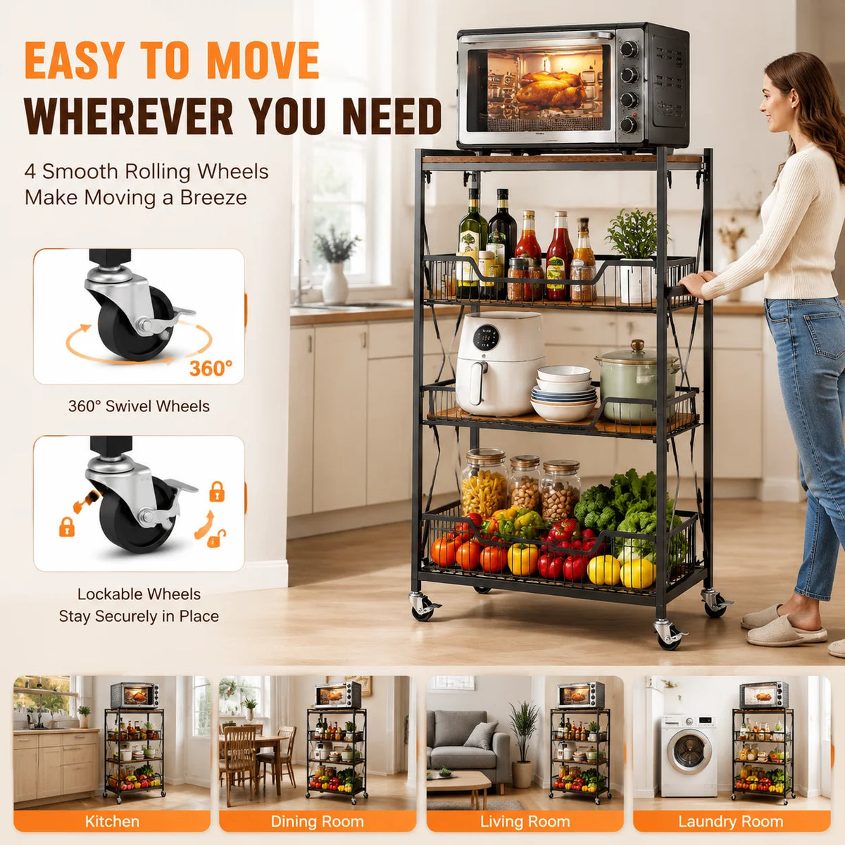 Foldable Four Tier Steel Storage Cart With Lockable Wheels