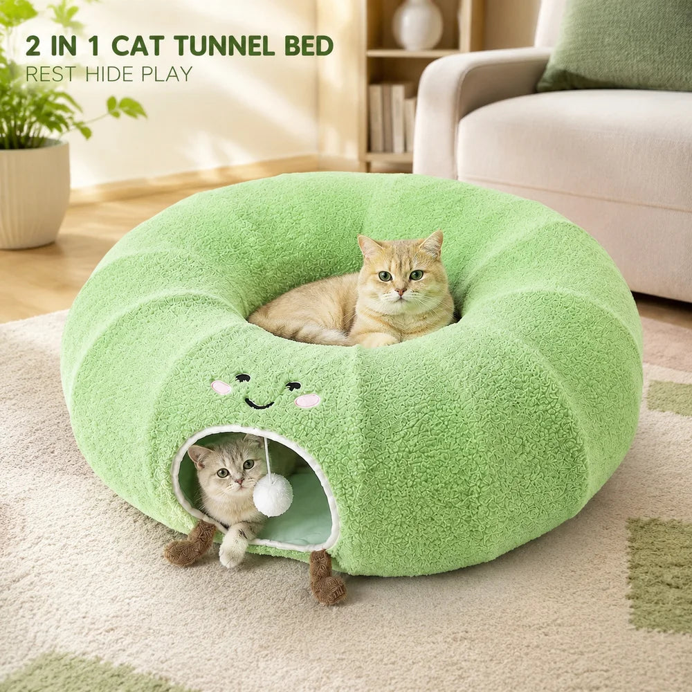 Convertible Cat Tunnel Bed With Plush Donut Cushion And Hideaway