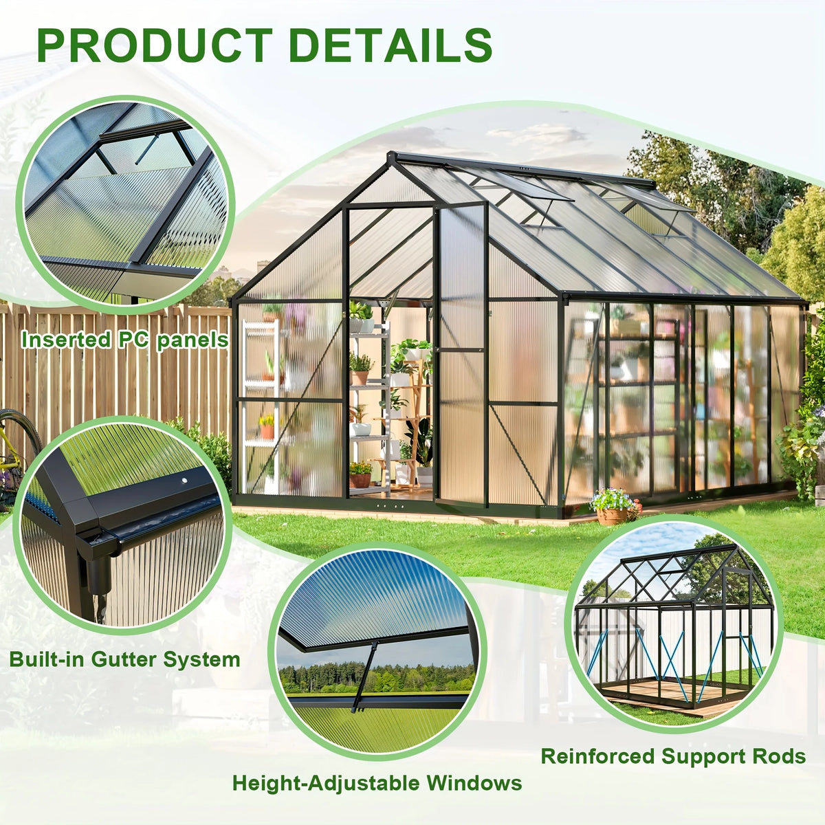 VIWAT Polycarbonate Greenhouse Aluminum Frame With UV Protection