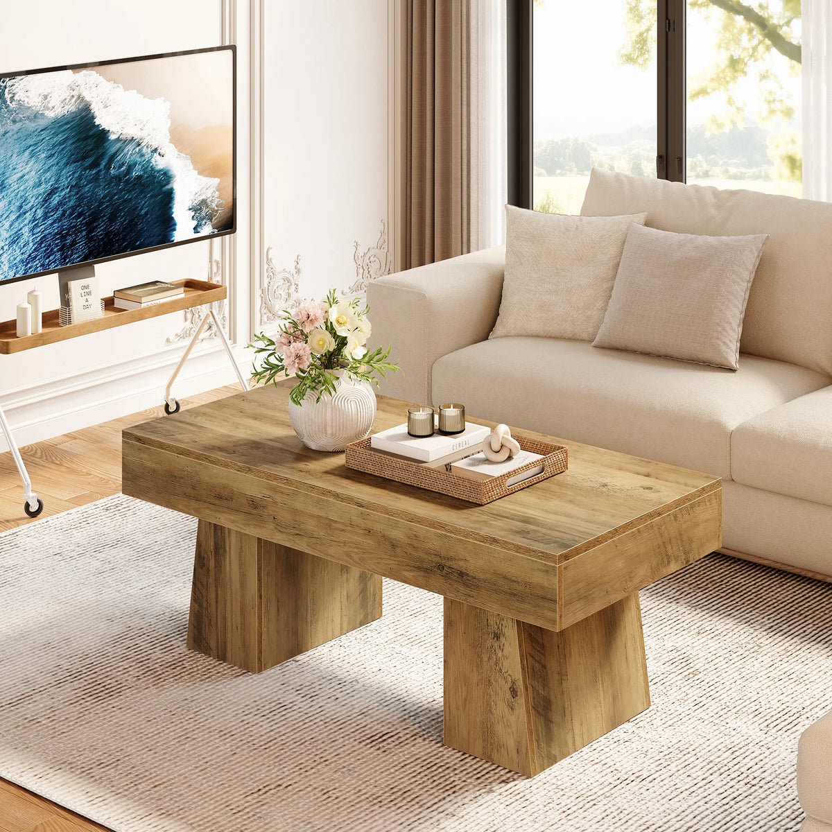 Tribesigns Farmhouse Wooden Coffee Table With Thick Base