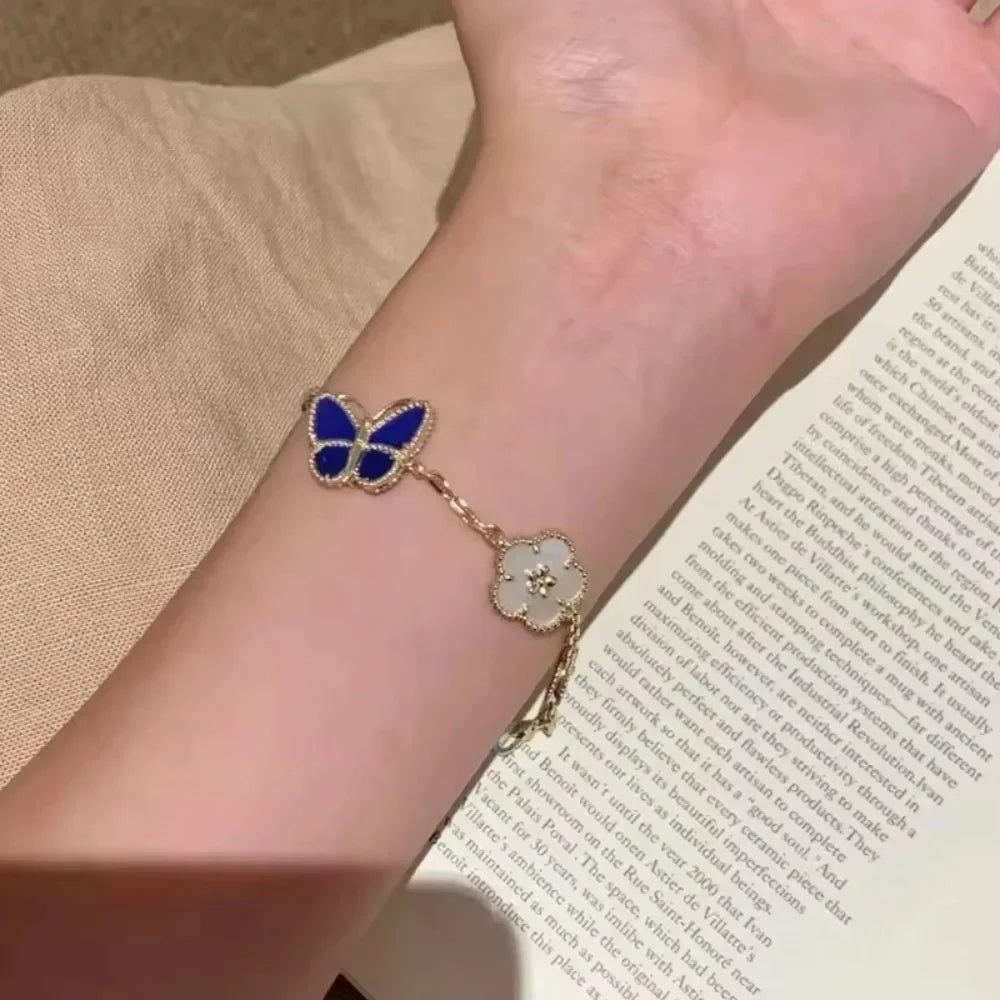 Retro Butterfly Flower Seashell Inlaid Chain Link Bracelet for Women
