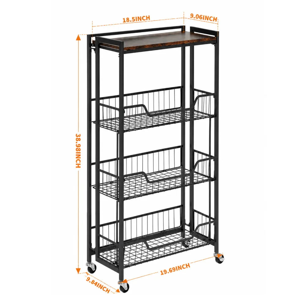Foldable Four Tier Steel Storage Cart With Lockable Wheels