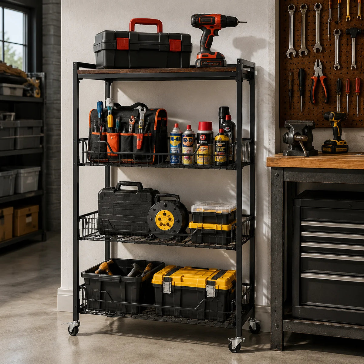 Foldable Four Tier Steel Storage Cart With Lockable Wheels