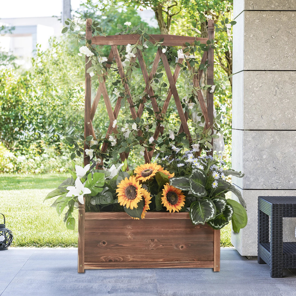 Raised Wooden Garden Bed Planter Box With Growing Trellis