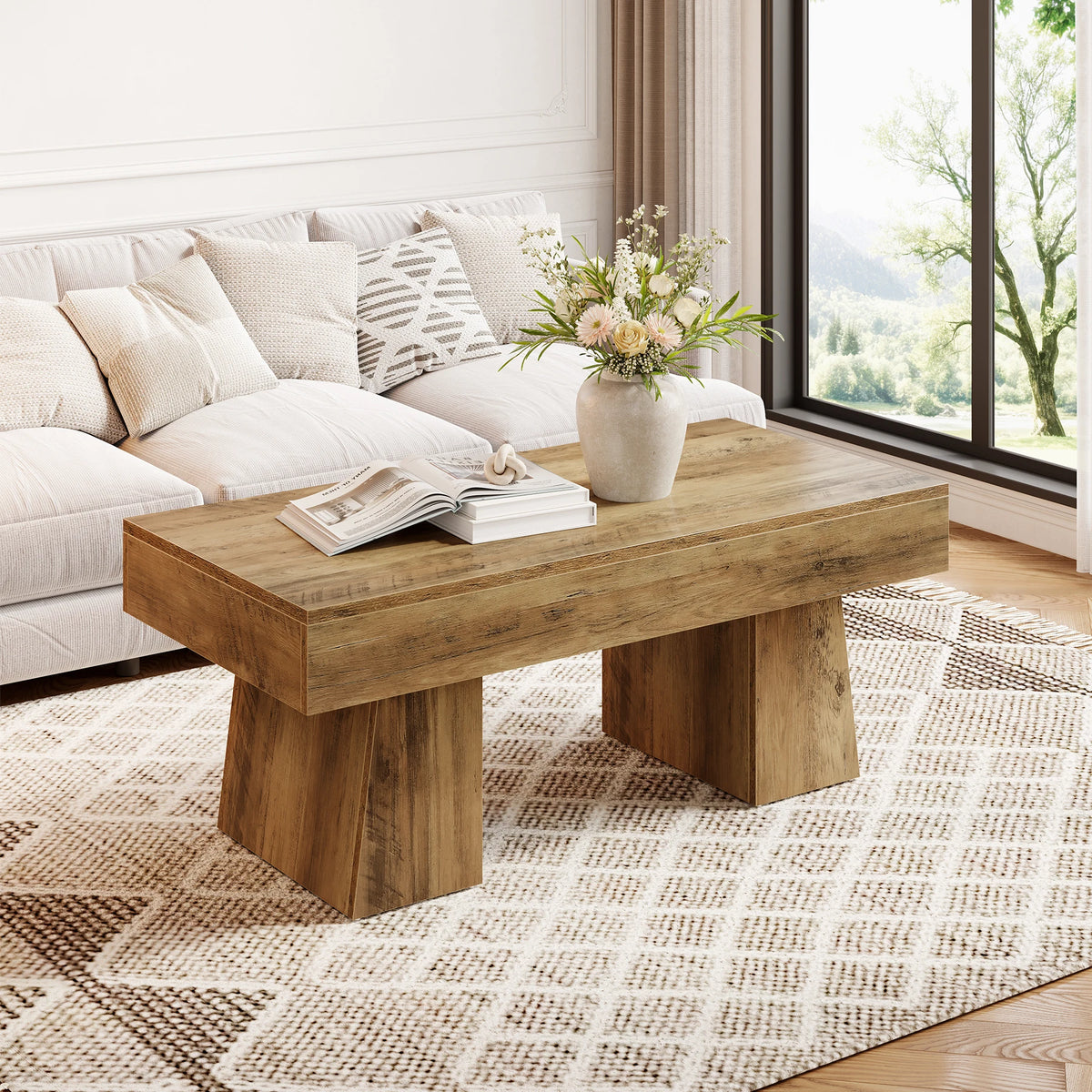 Tribesigns Farmhouse Wooden Coffee Table With Thick Base