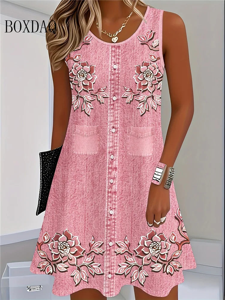 Women Casual Sleeveless Bohemian Floral Print Vest Dress