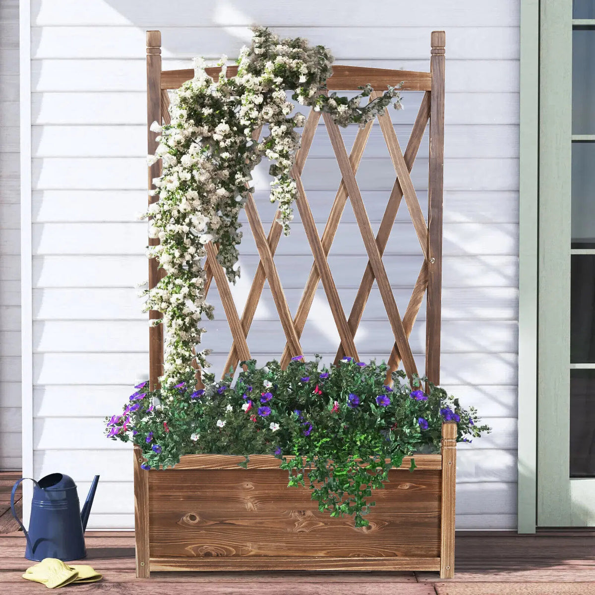 Raised Wooden Garden Bed Planter Box With Growing Trellis