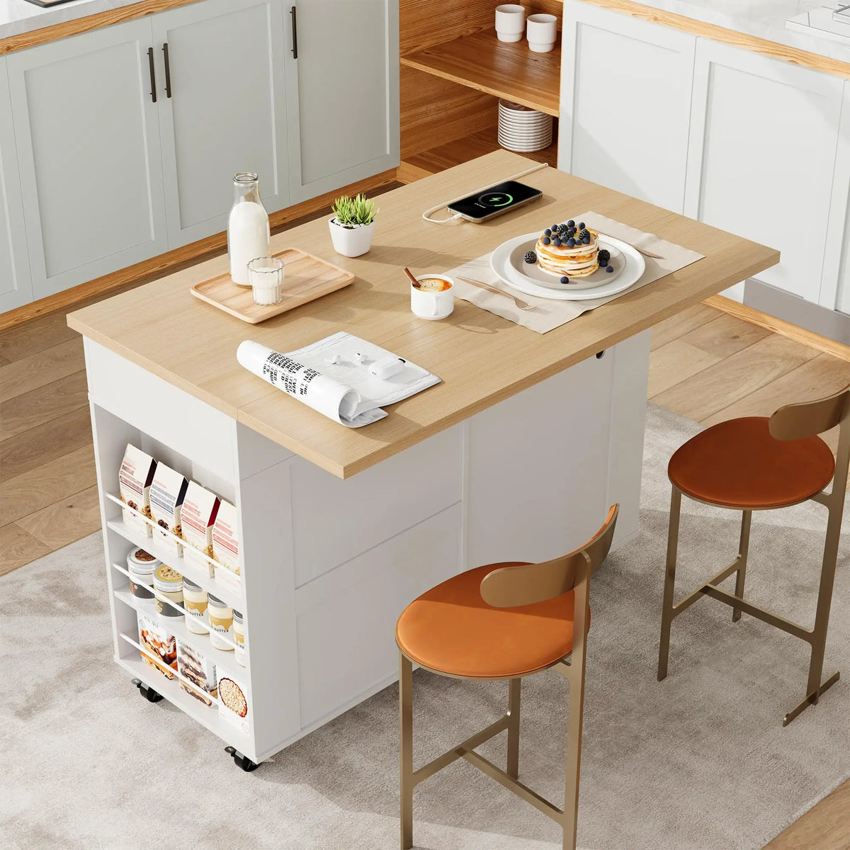 HiMISS Rolling Kitchen Island With Drop Leaf And Storage