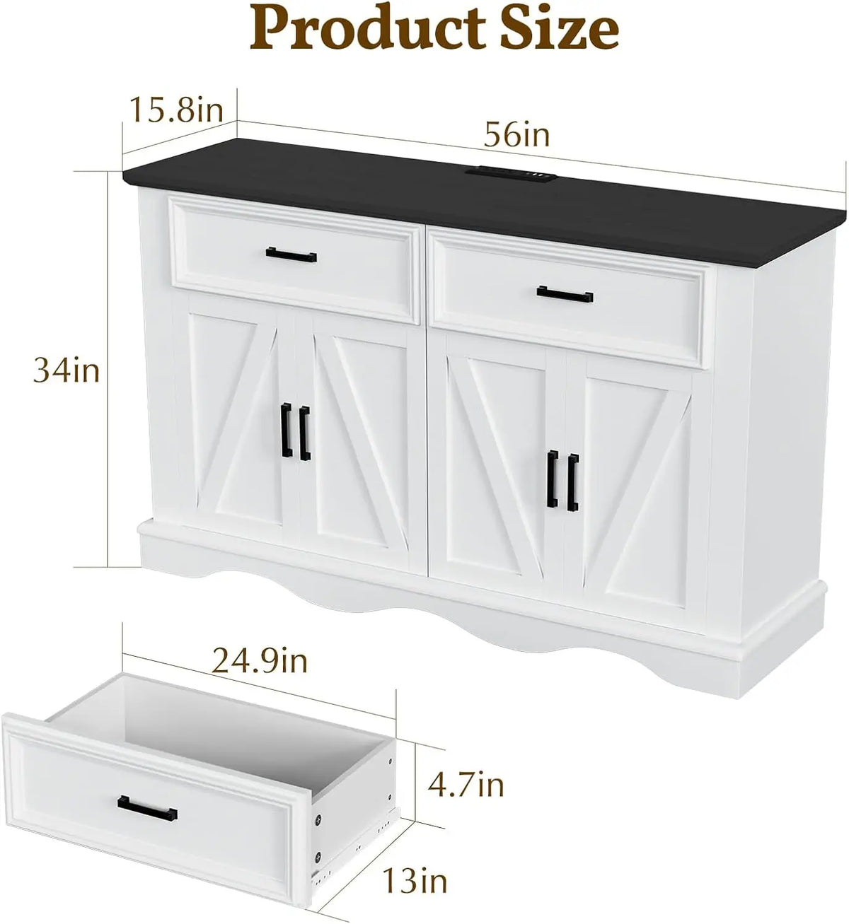 Modern Farmhouse Buffet Cabinet With Charging Station And Storage