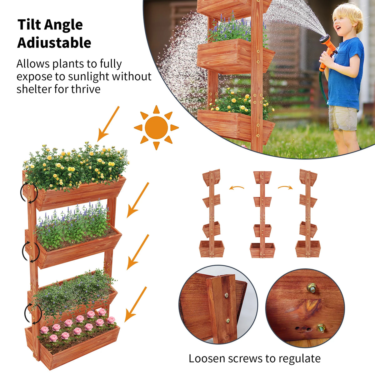 Four Tier Vertical Wooden Raised Planter Box for Outdoor Gardening