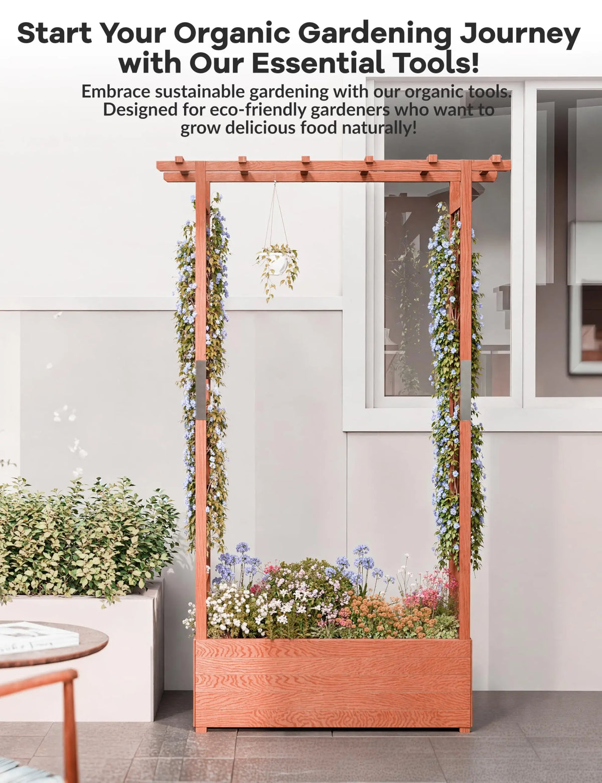 HiMISS Elevated Wooden Garden Planter With Trellis And Drainage Hole
