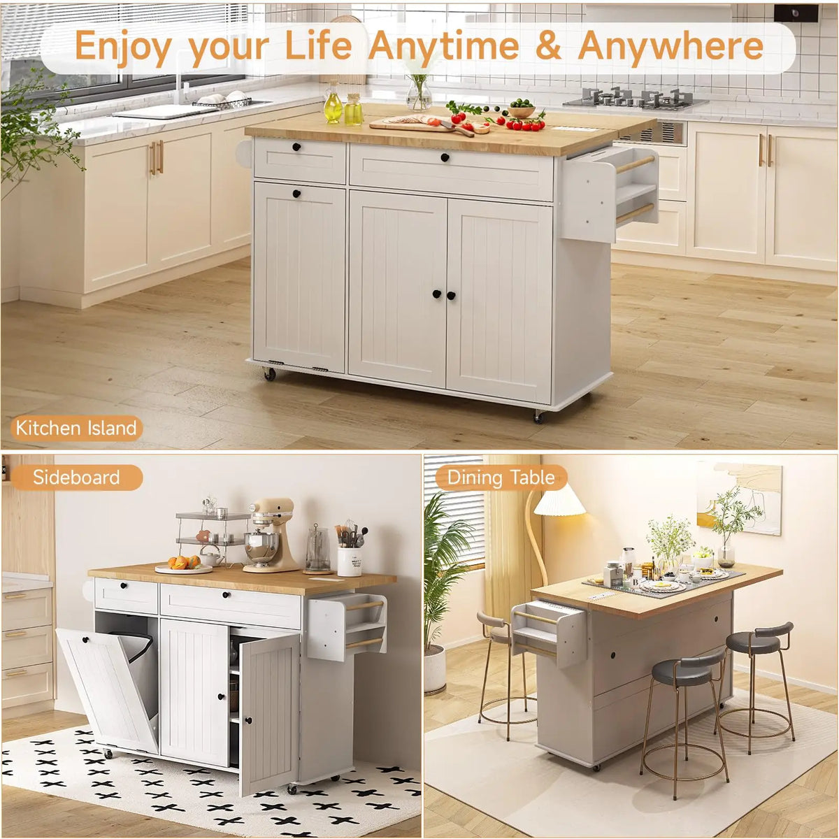 ONBRILL Rolling Kitchen Island Cart With Drop Leaf Power Outlet