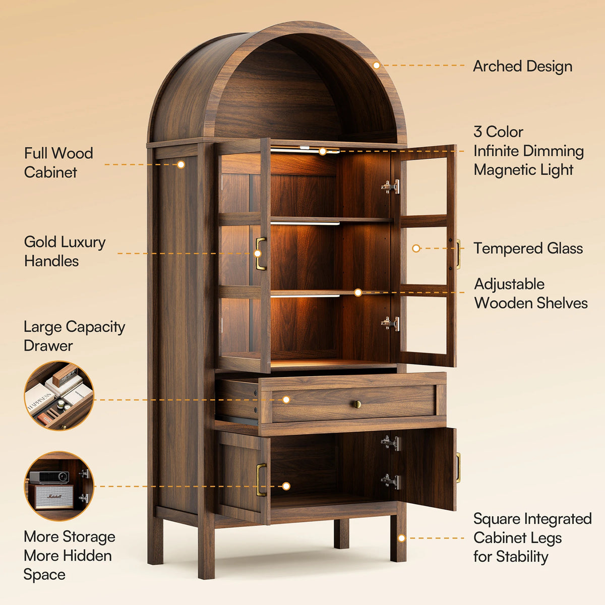 Cottinch Arched Storage Cabinet With Adjustable Shelves And LED Lighting