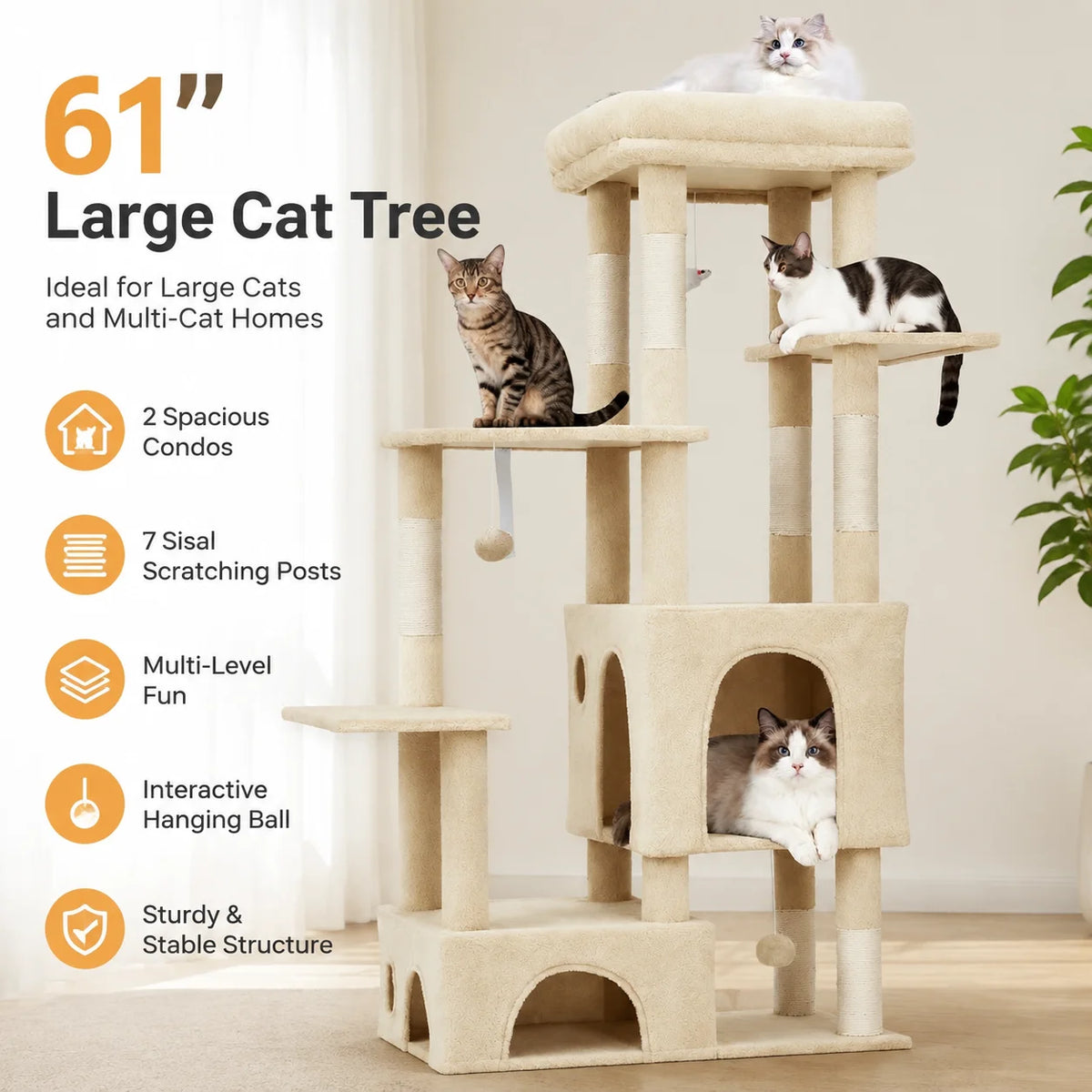 Multi-Level Cat Tree Tower With Condos, Scratching Posts And Perch