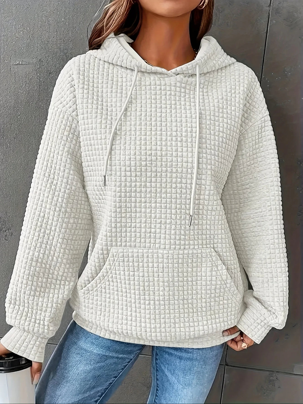 Women's Waffle Knit Pullover Hoodie With Kangaroo Pocket