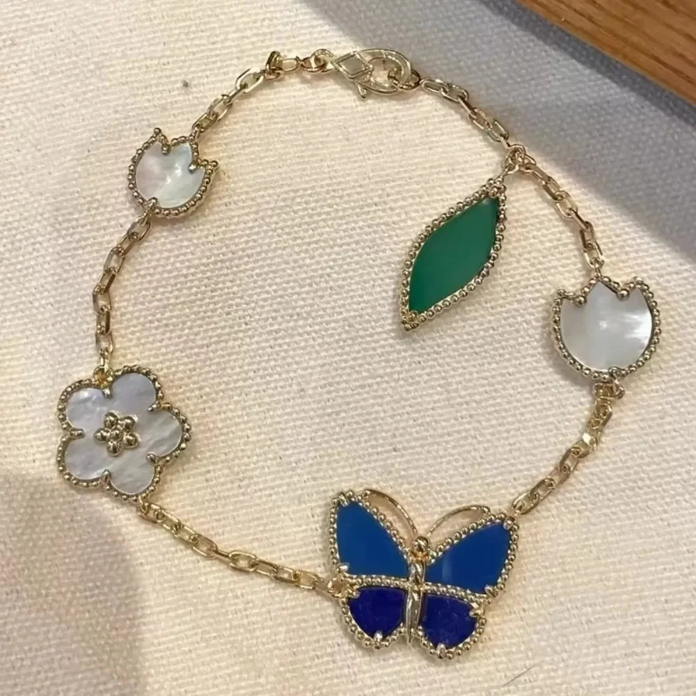 Retro Butterfly Flower Seashell Inlaid Chain Link Bracelet for Women